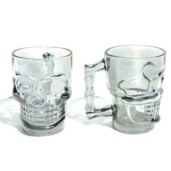Skeleton Clear Heavy Base Glass Skull Face Drinking Mugs Set of 2 Beer Cups - Picture 2 of 4